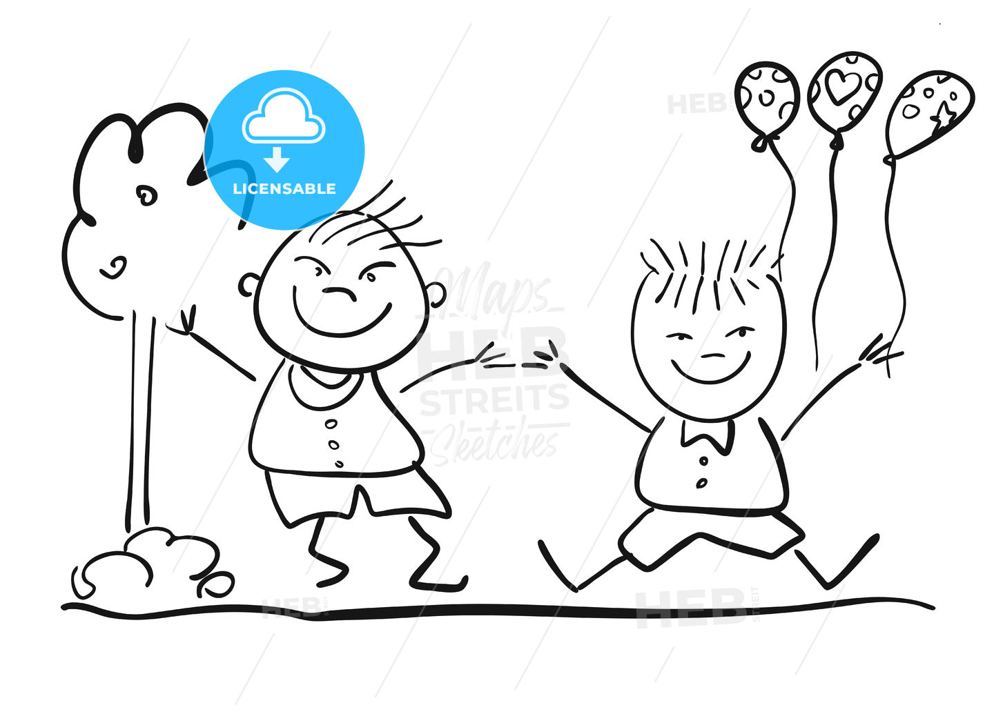 Two Happy Kids with Ballon, Friendship Symbol Sketch – instant download