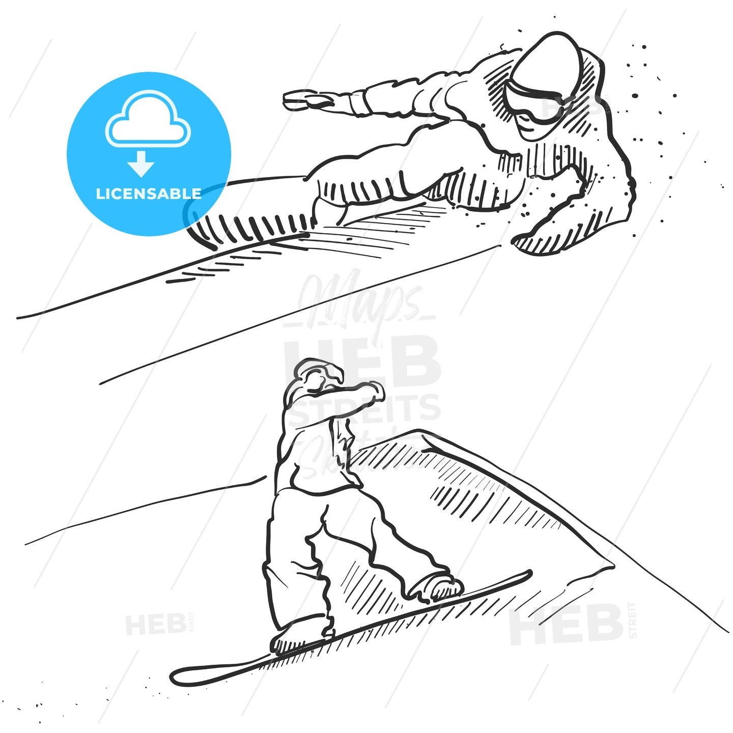 Two Snowboarder Jumping Situation Sketches – instant download