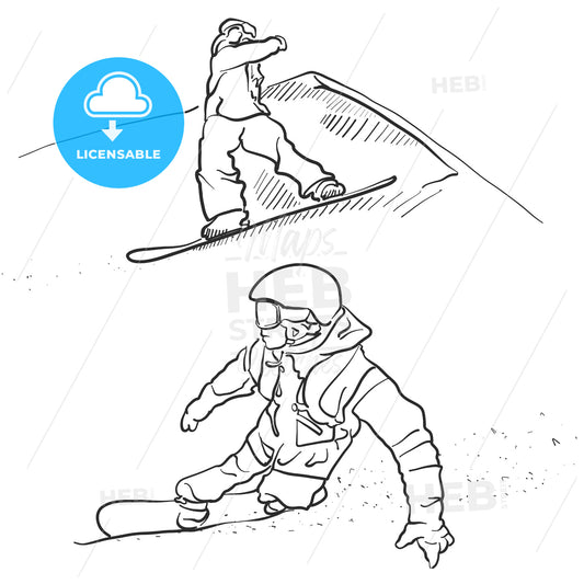 Two Snowboarder lifestyle Scribble Sketches – instant download