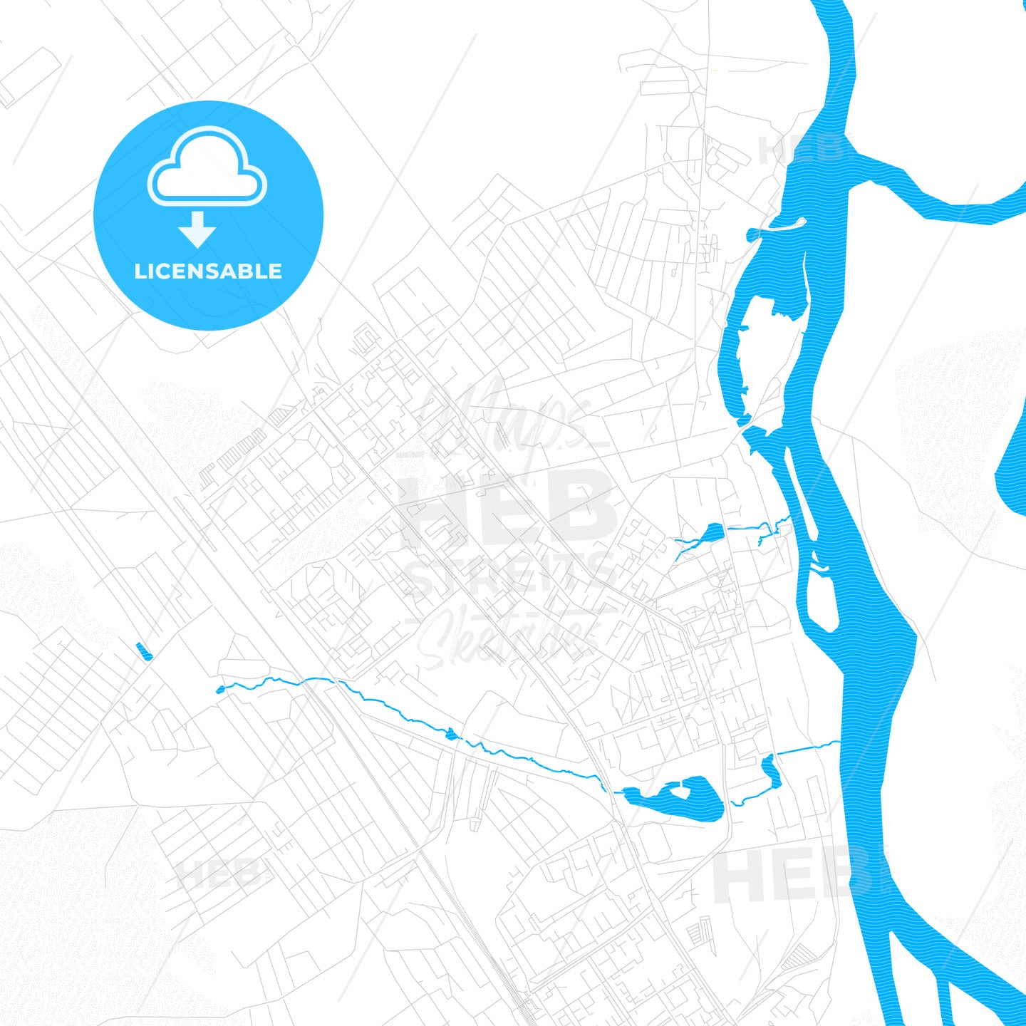 Usolye-Sibirskoye, Russia PDF vector map with water in focus