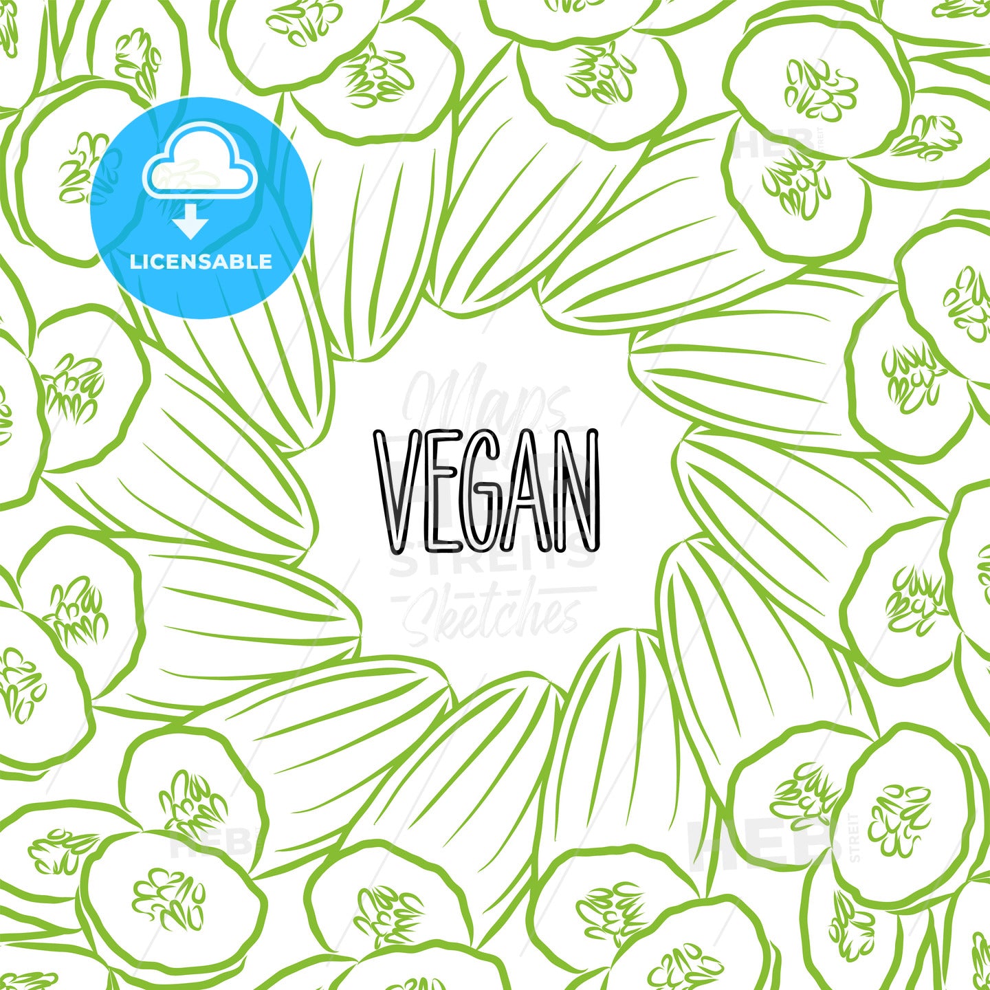 VEGAN lettering on outlined Cucumbers banner template – instant download