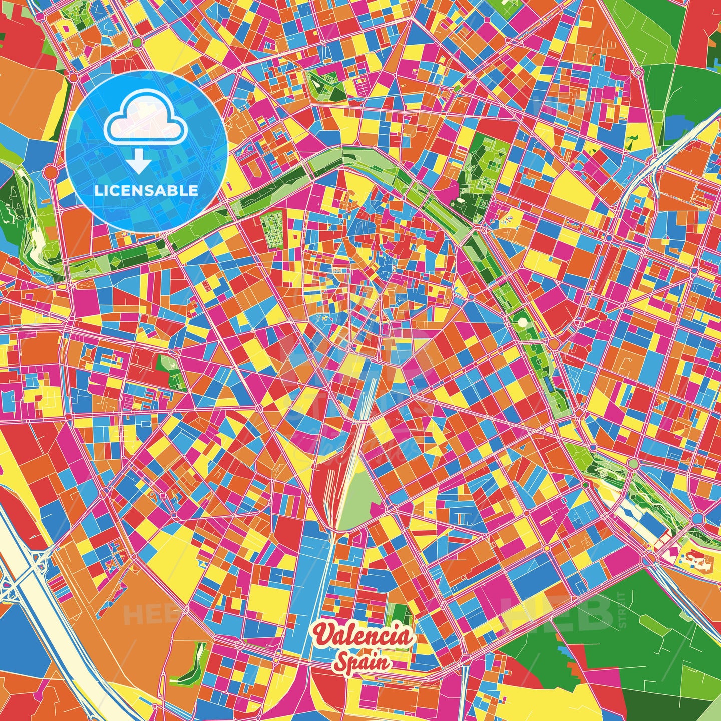 Valencia, Spain Crazy Colorful Street Map Poster Template - HEBSTREITS Sketches