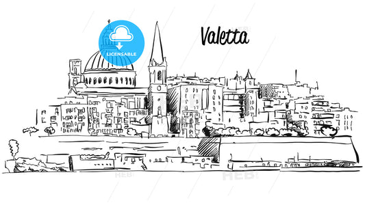 Valetta, Malta. Panorama Waterfront Outline Vector Sketch – instant download