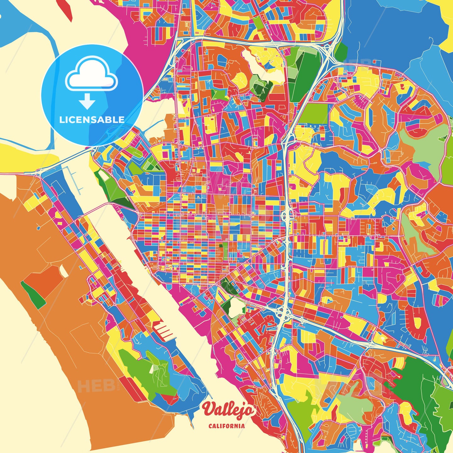 Vallejo, United States Crazy Colorful Street Map Poster Template - HEBSTREITS Sketches