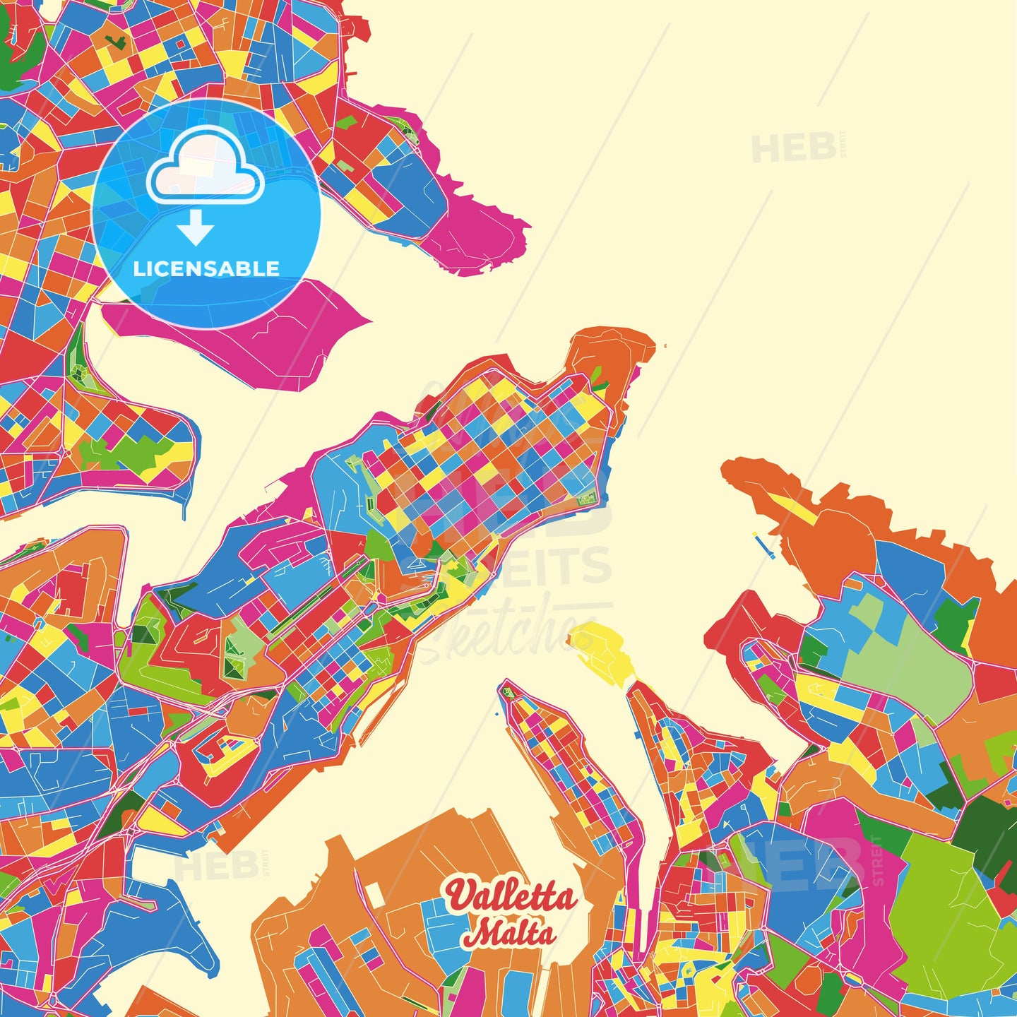 Valletta, Malta Crazy Colorful Street Map Poster Template - HEBSTREITS Sketches