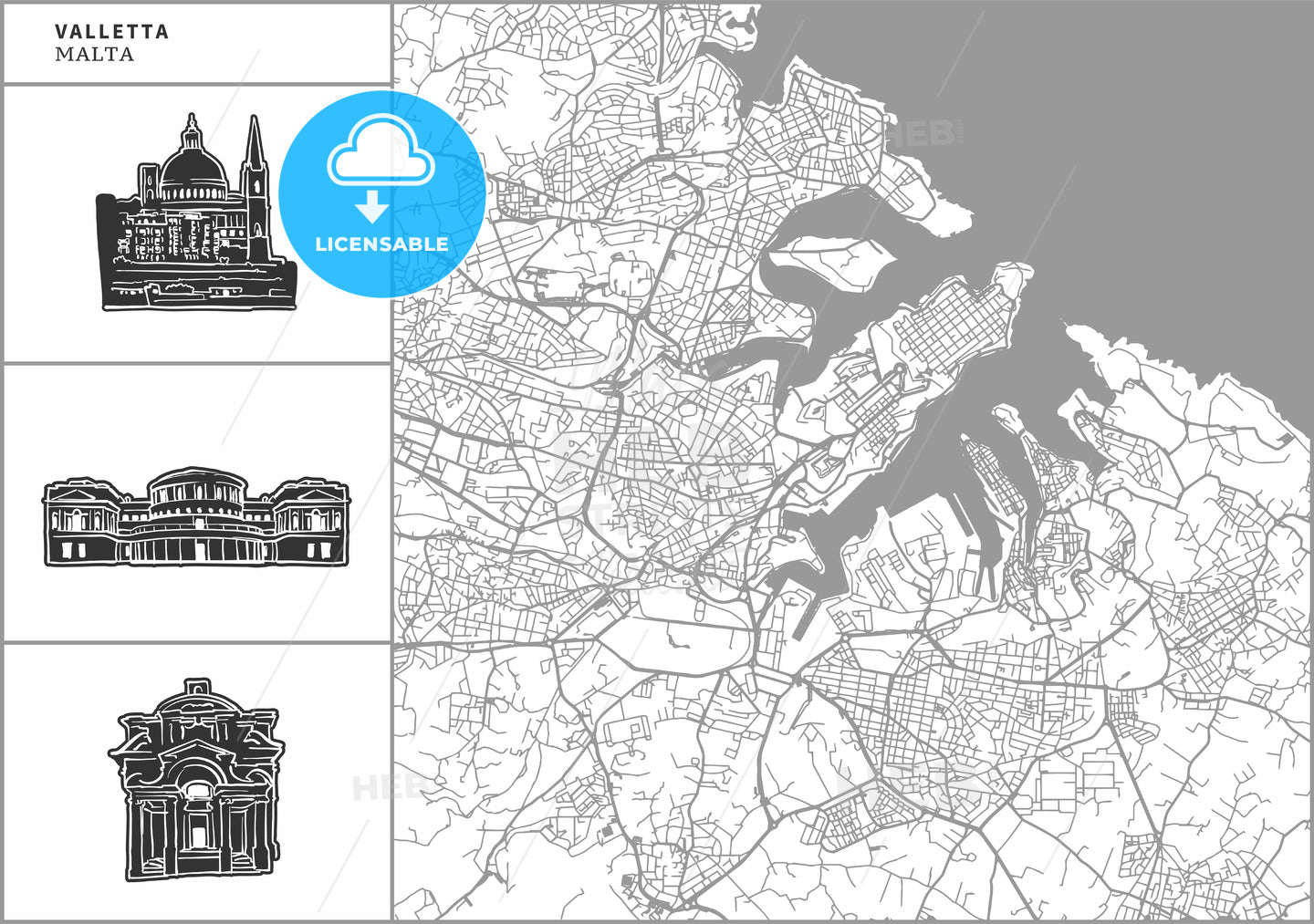 Valletta city map with hand-drawn architecture icons