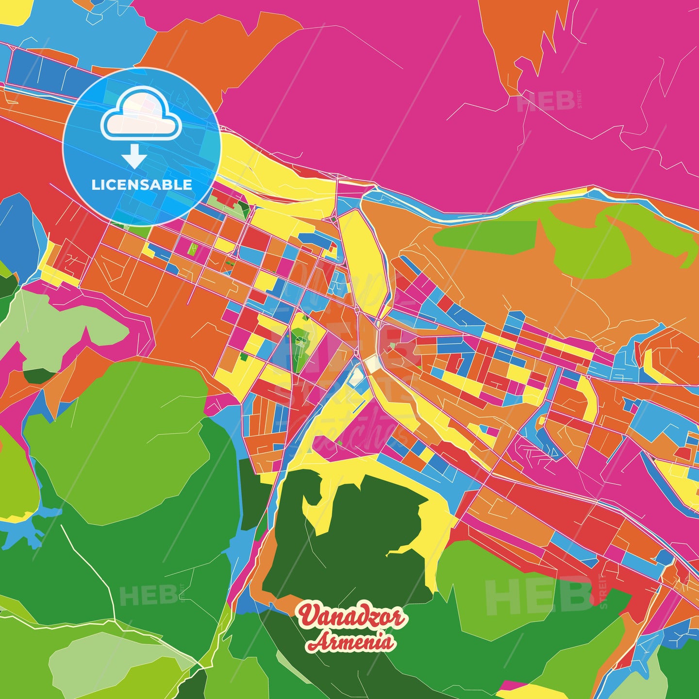 Vanadzor, Armenia Crazy Colorful Street Map Poster Template - HEBSTREITS Sketches