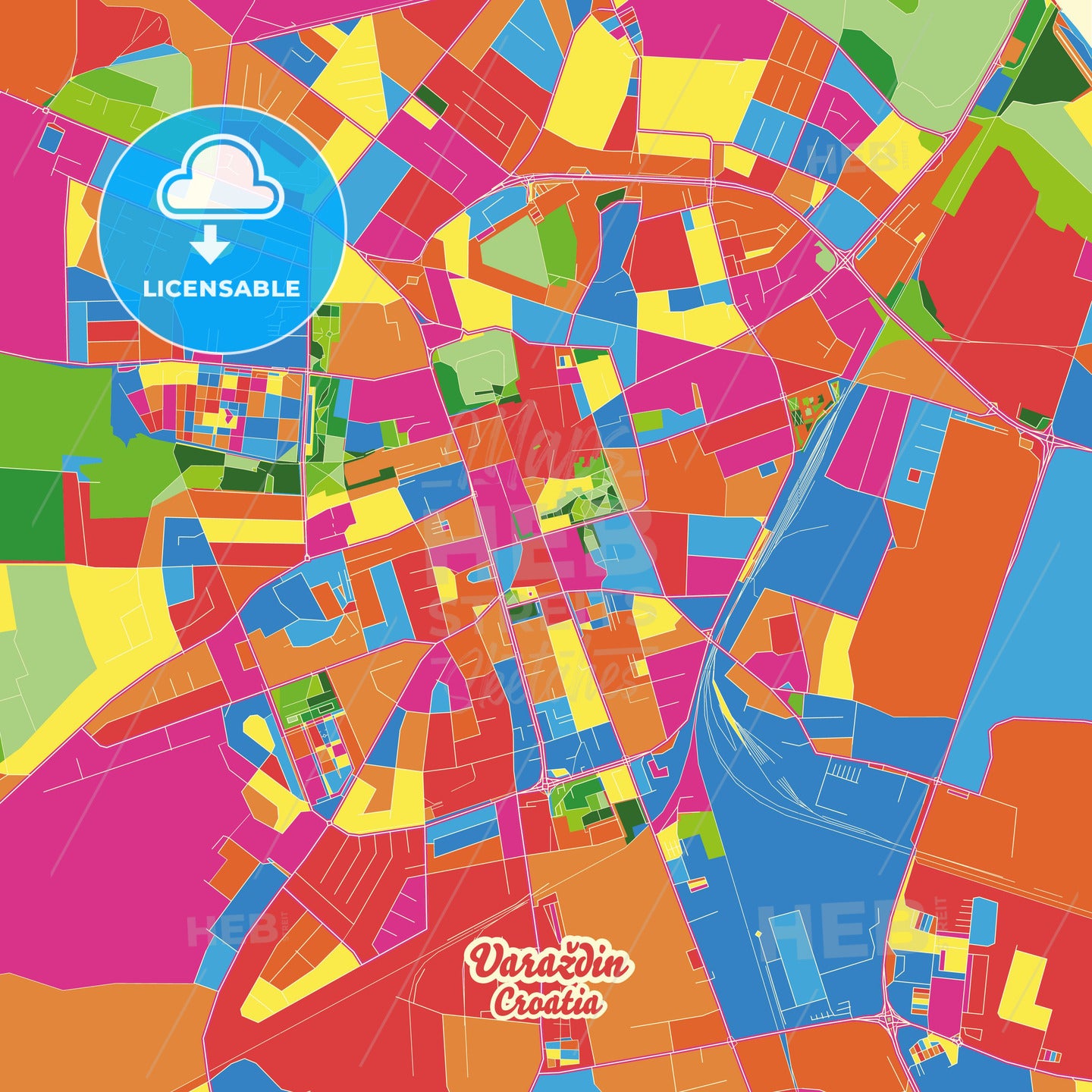 Varaždin, Croatia Crazy Colorful Street Map Poster Template - HEBSTREITS Sketches