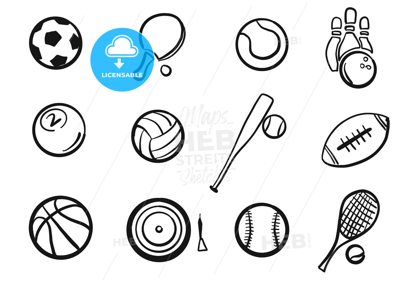 Various Balls Sports Equipment Sketched Set – instant download