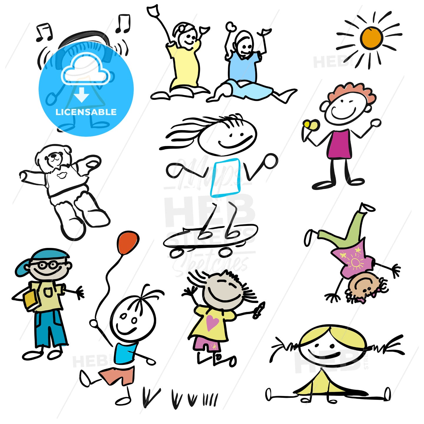 Various Colored happy Kids Doodles – instant download