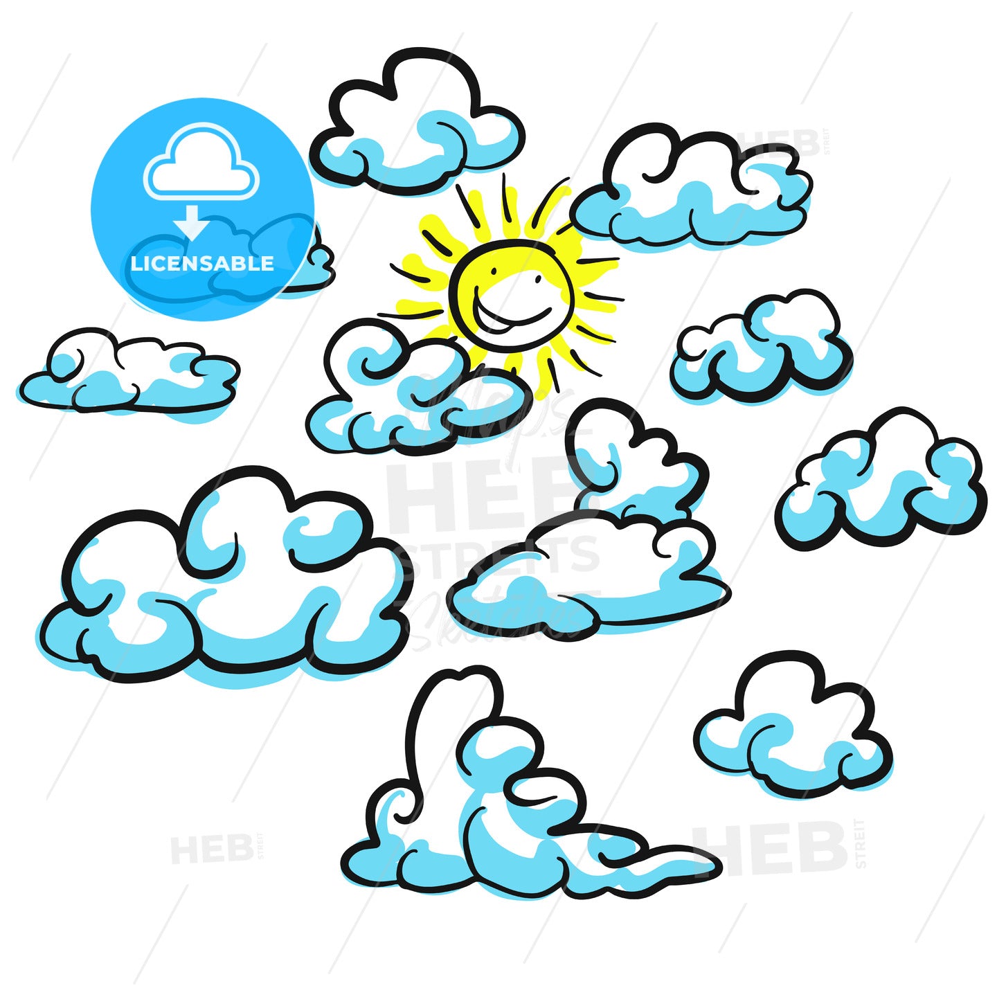 Various cloud shapes vector sketches with sun – instant download