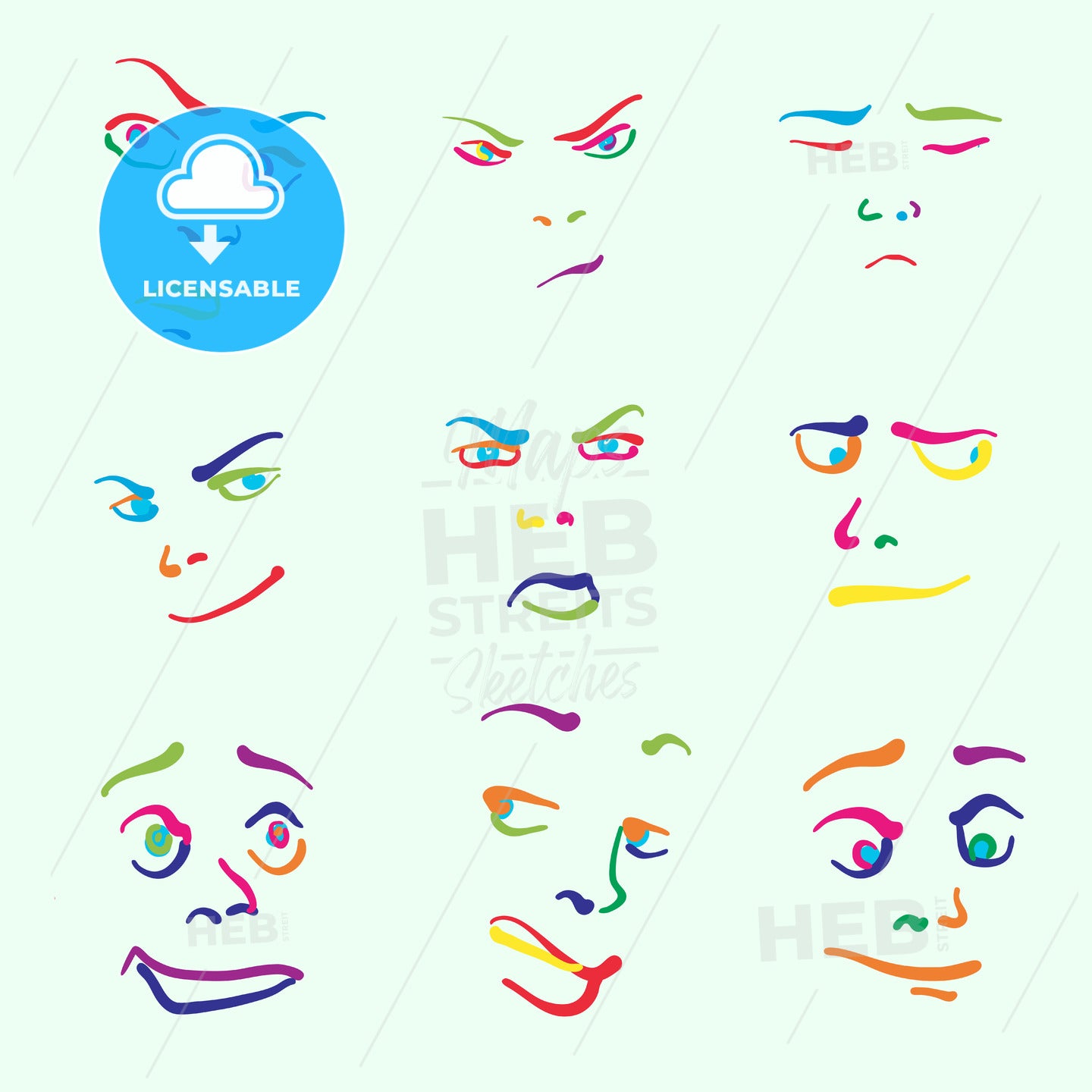 Various colorful drawn faces – instant download