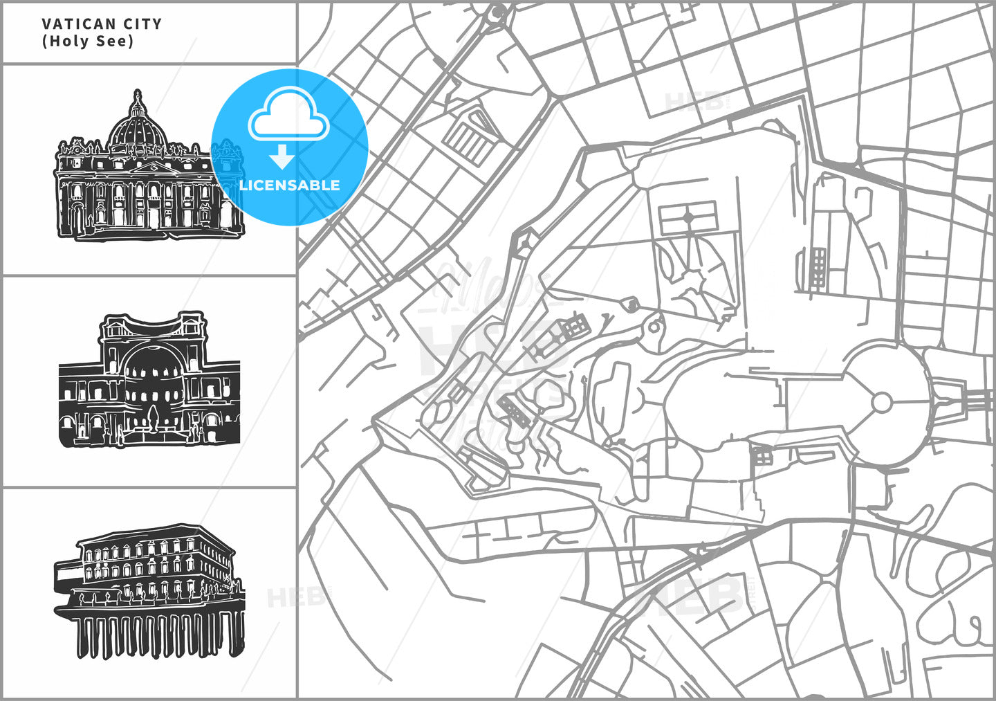 Vatican city map with hand-drawn architecture icons