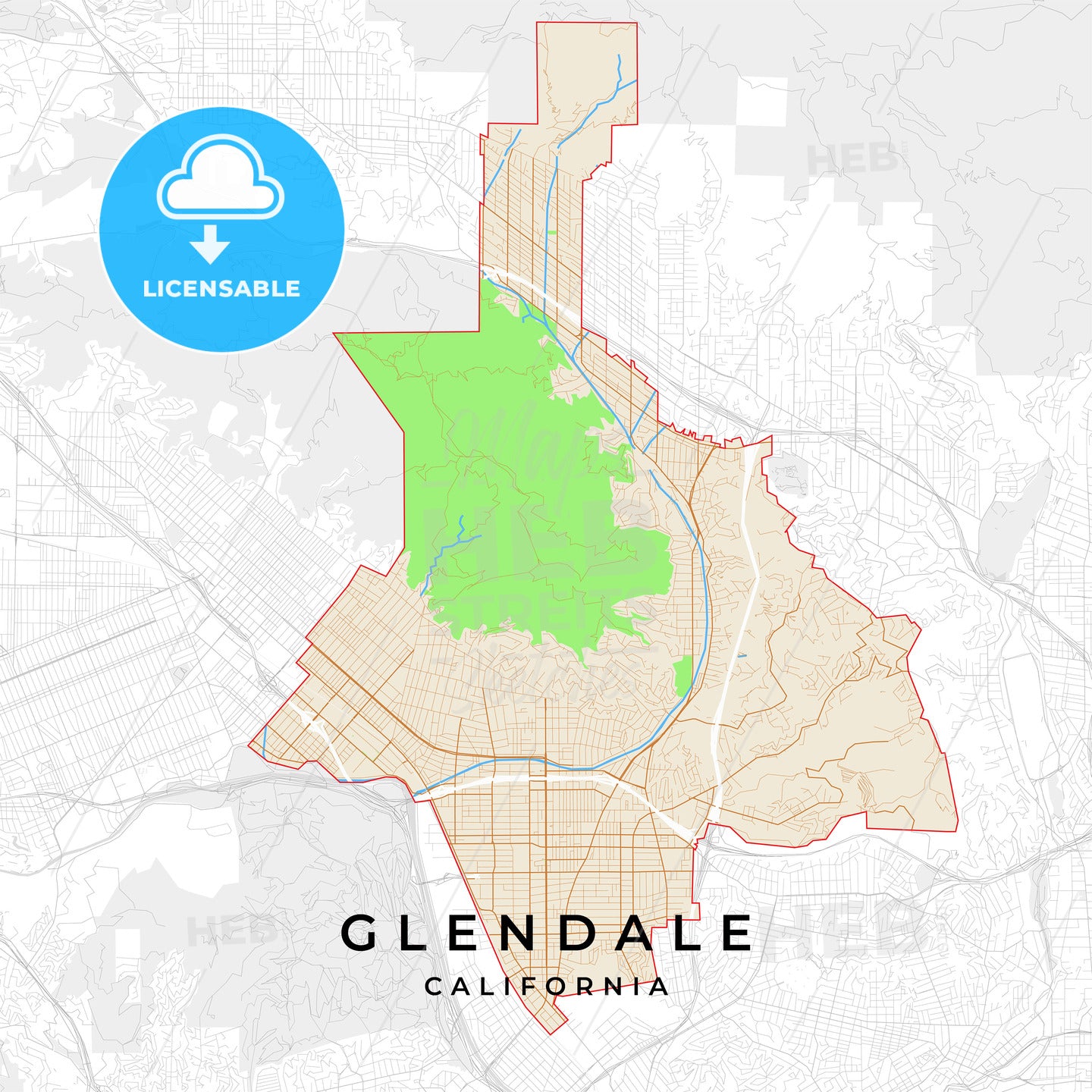 Vector map of Glendale, California, USA - HEBSTREITS