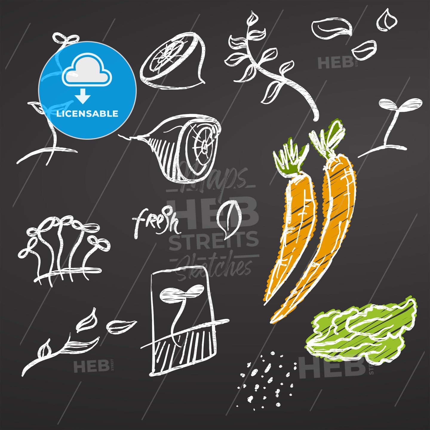 Vegetables Sketched Doodles on Chalkboard – instant download