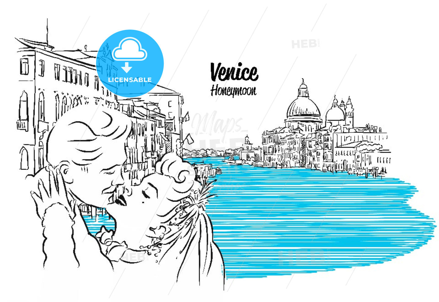 Venice Skyline with kissing Vintage Couple Sketch – instant download