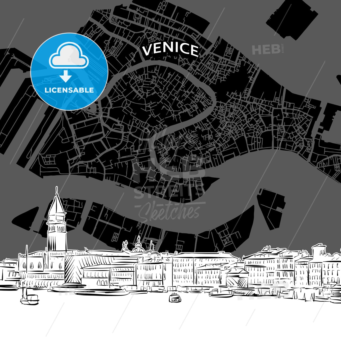 Venice skyline with map