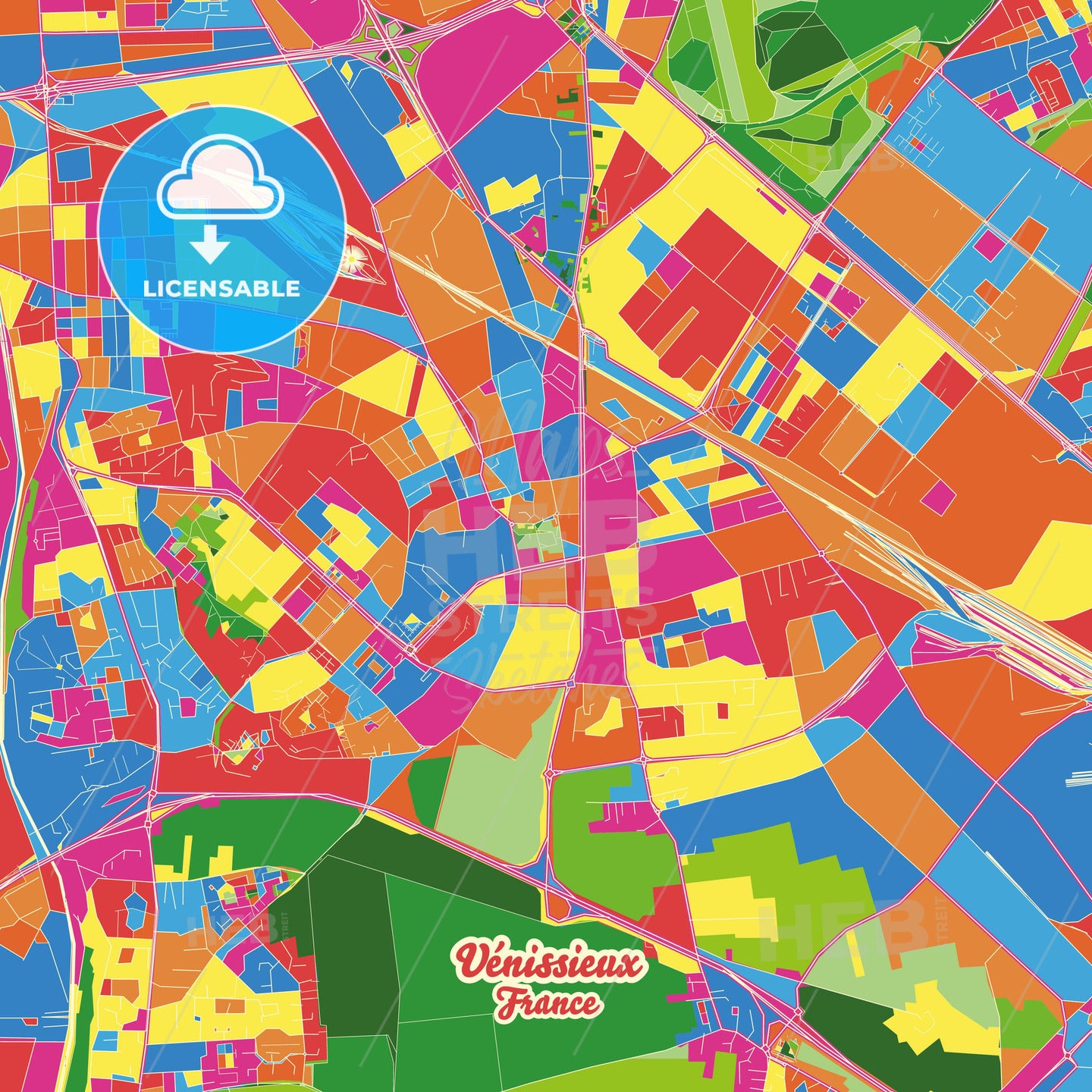 Vénissieux, France Crazy Colorful Street Map Poster Template - HEBSTREITS Sketches