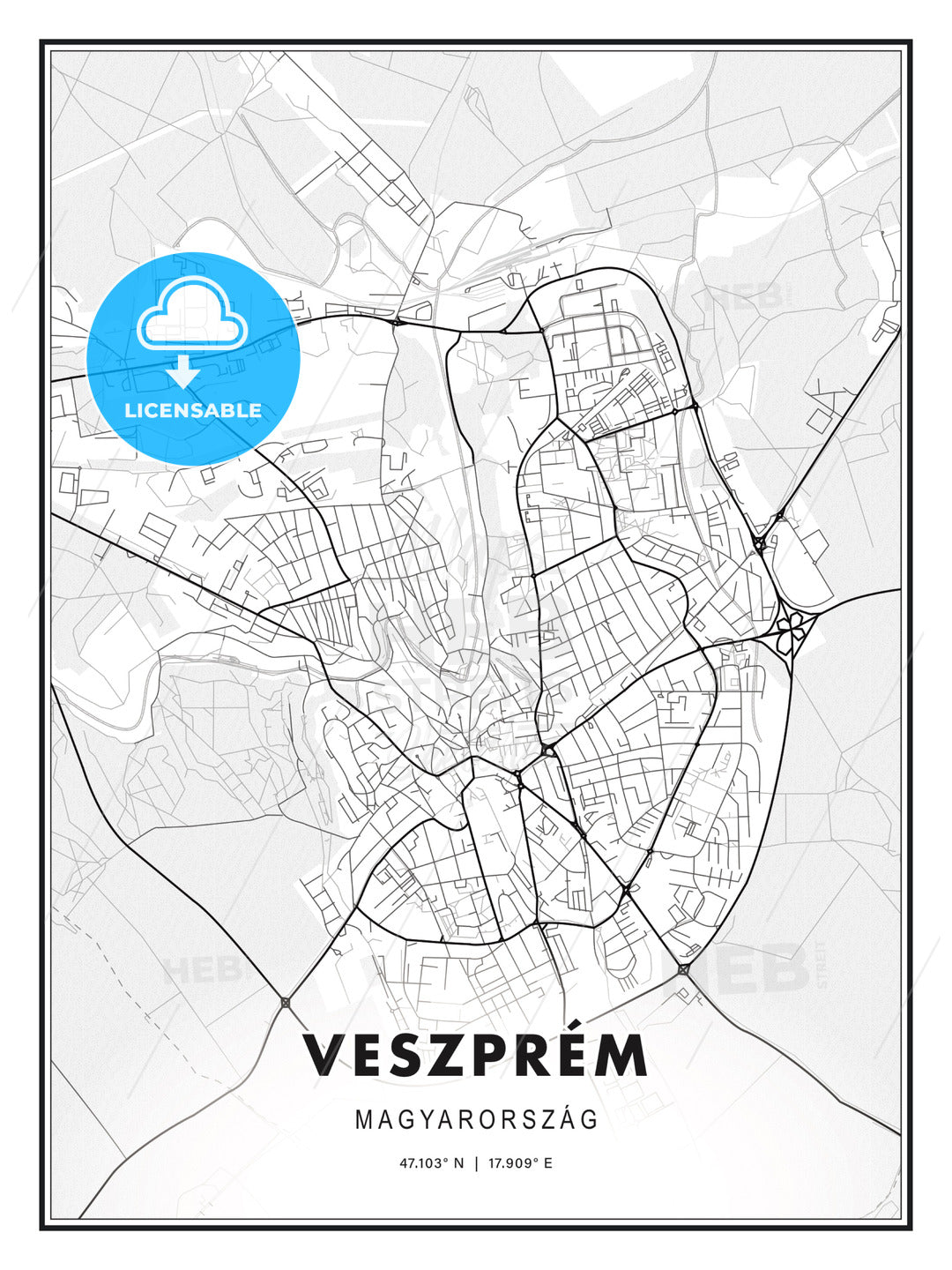 Veszprém, Hungary, Modern Print Template in Various Formats - HEBSTREITS Sketches