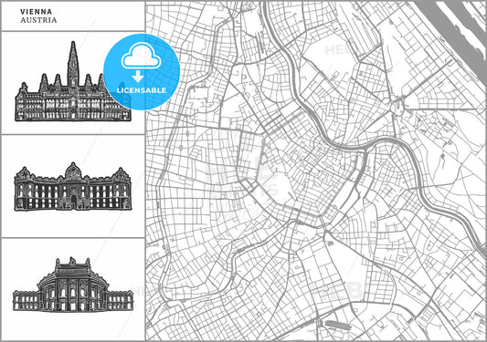 Vienna city map with hand-drawn architecture icons