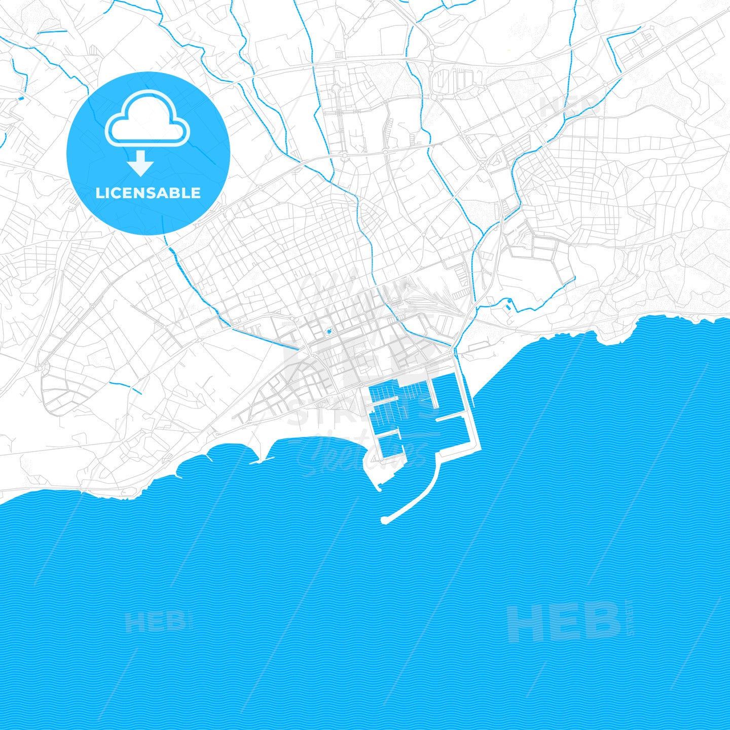 Vilanova i la Geltrú, Spain PDF vector map with water in focus