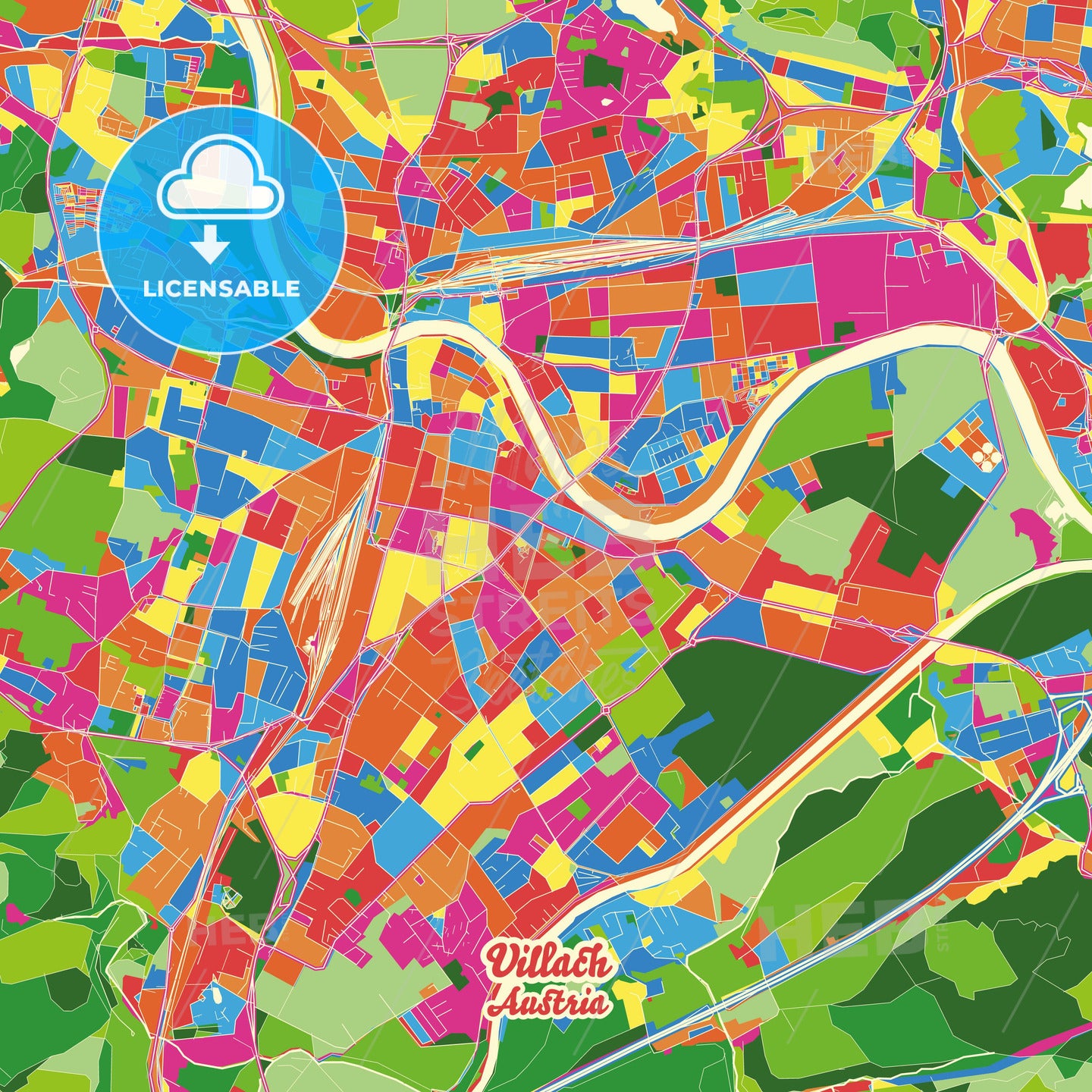 Villach, Austria Crazy Colorful Street Map Poster Template - HEBSTREITS Sketches