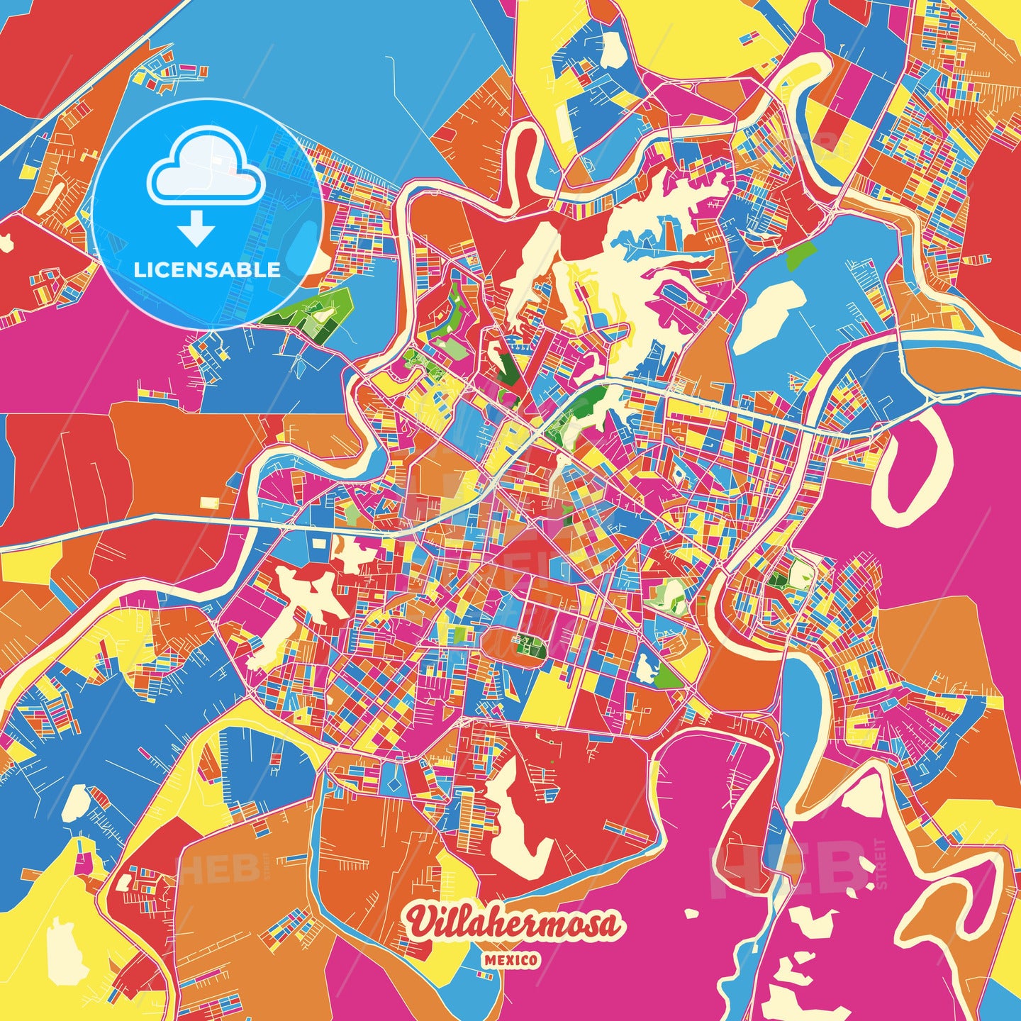 Villahermosa, Mexico Crazy Colorful Street Map Poster Template - HEBSTREITS Sketches