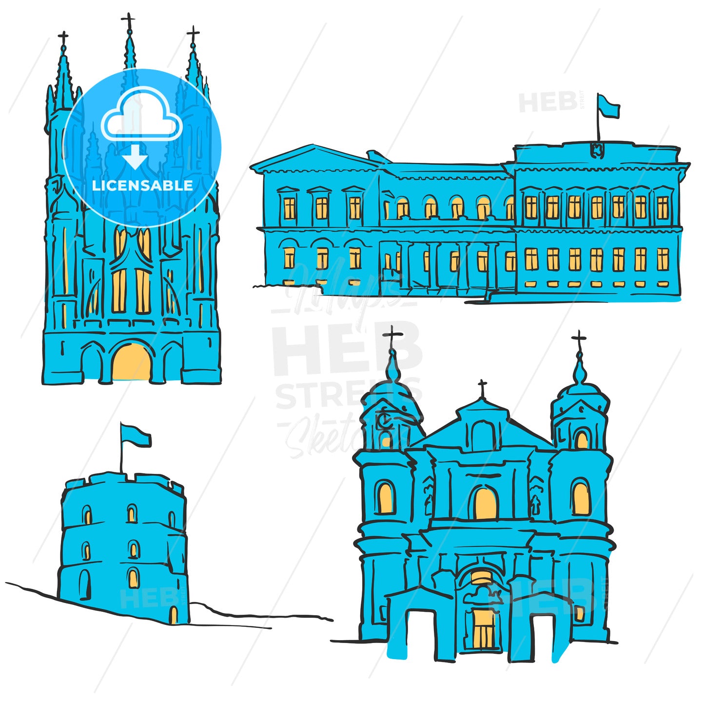 Vilnius Lithuania Colored Landmarks – instant download
