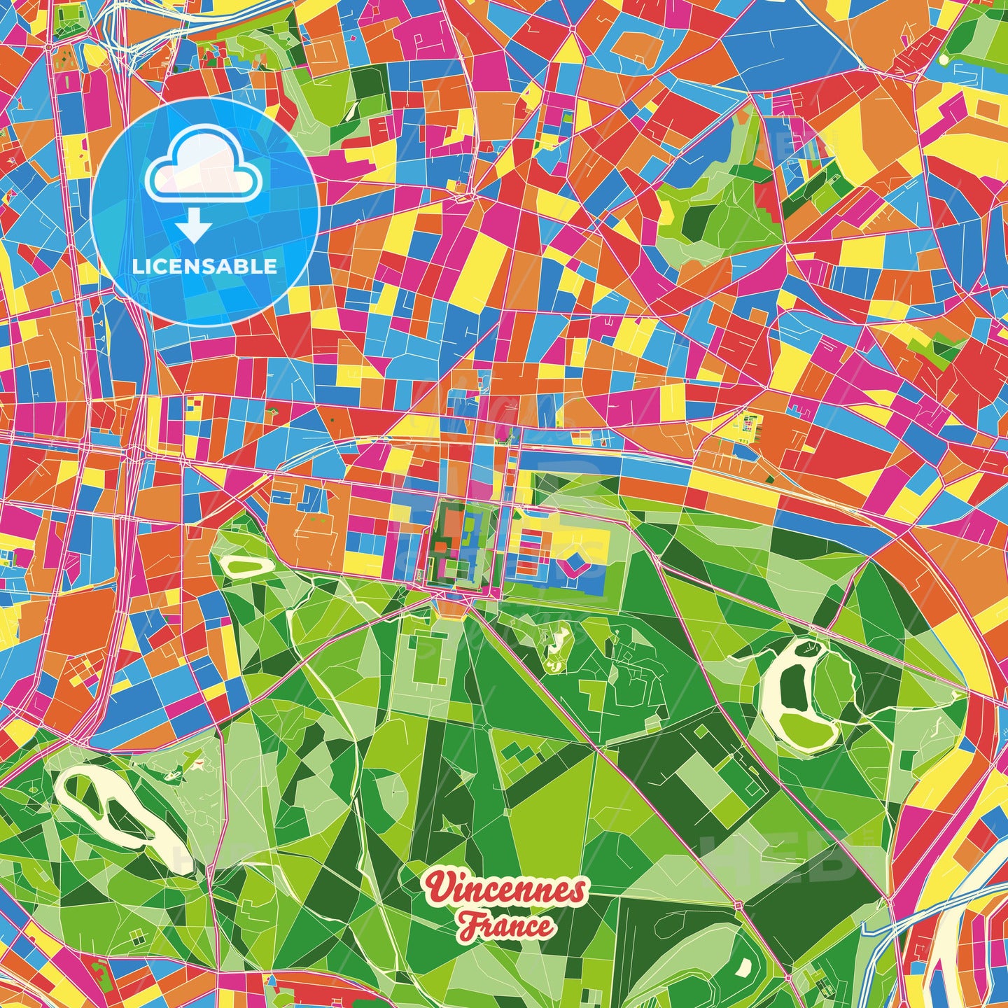 Vincennes, France Crazy Colorful Street Map Poster Template - HEBSTREITS Sketches
