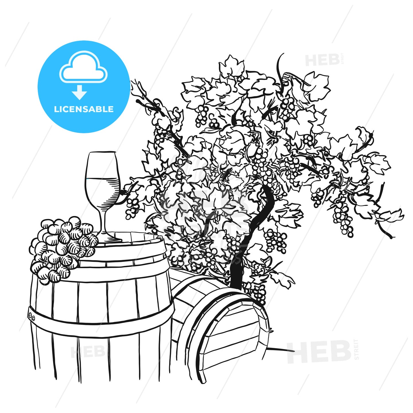 Vine barrel, glass and tree drawing – instant download