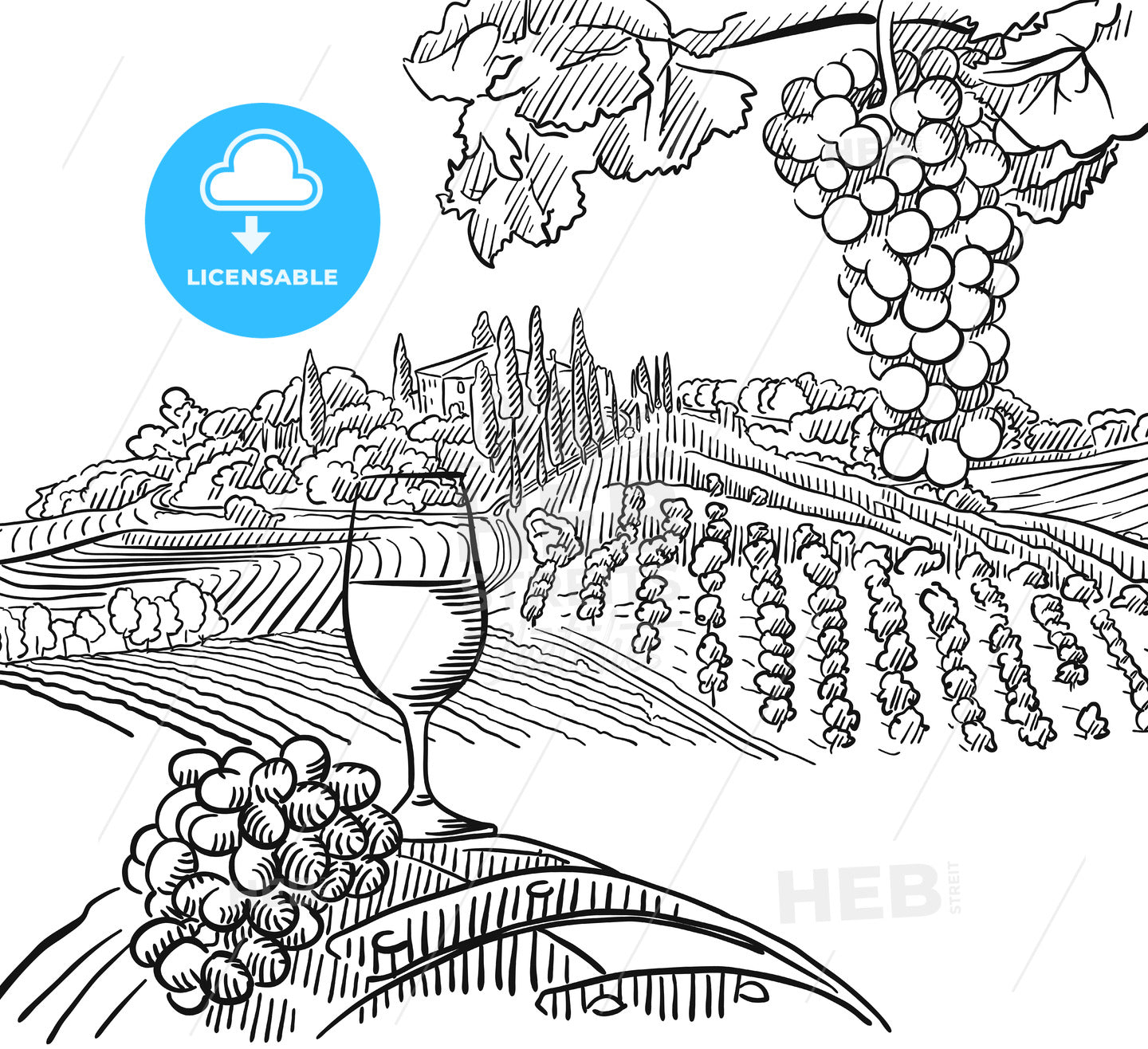 Vineyard Composition with Grapes and Glass of Vine – instant download