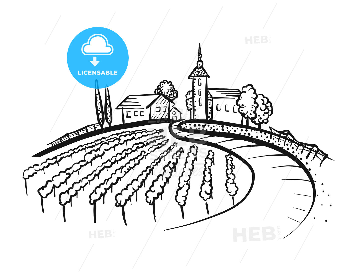 Vineyard Drawing with path and houses on hill – instant download