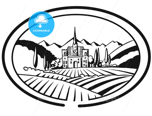 Vineyard Farm Cover Design for Bottle Labeling, Sketched – instant download