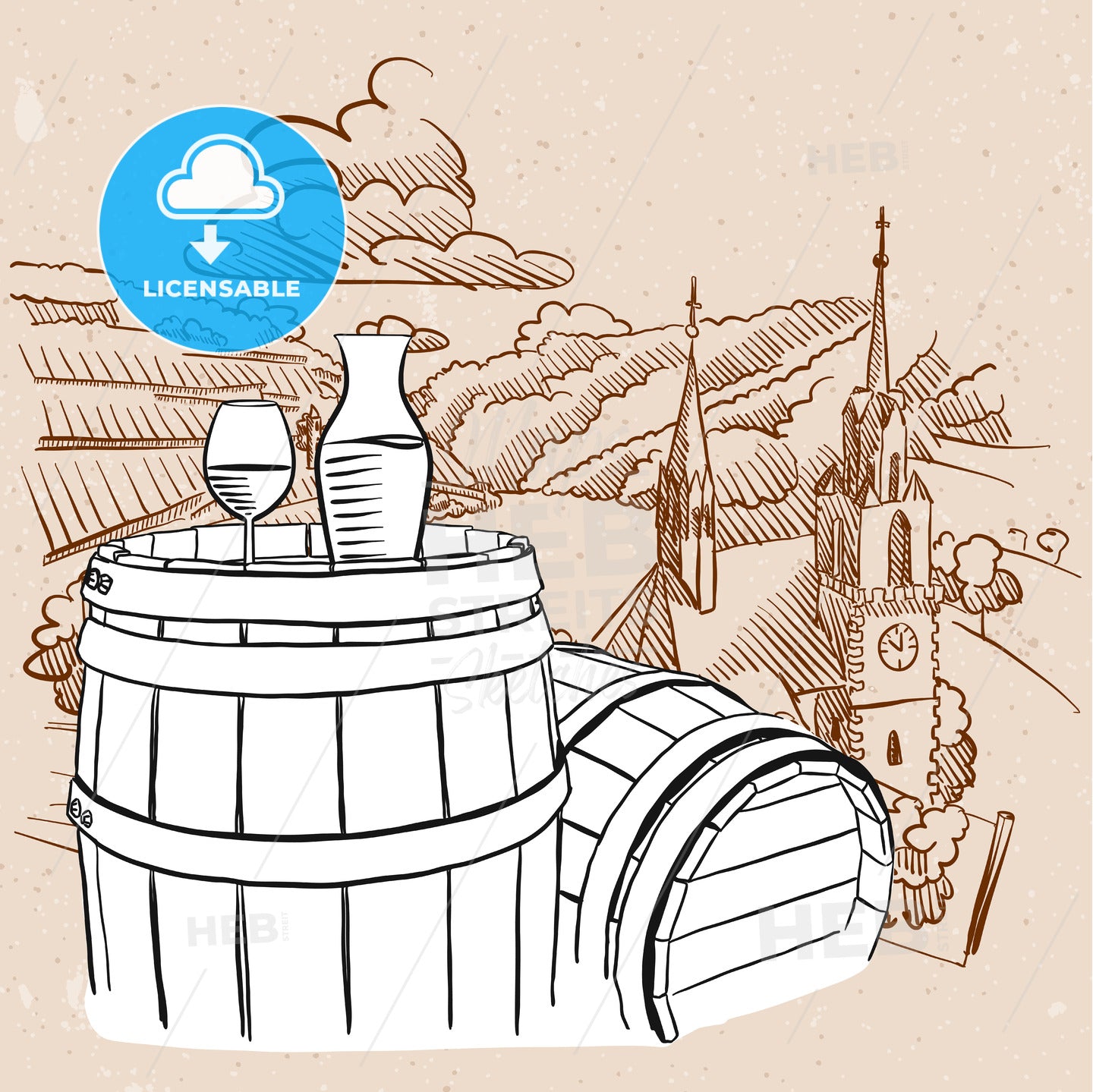 Vineyard Illustration with Sketched Barrel and Glass of Vine – instant download