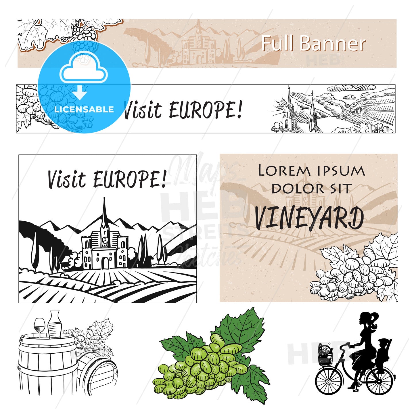 Vineyard Travel Banner Assets and Concept Layout – instant download