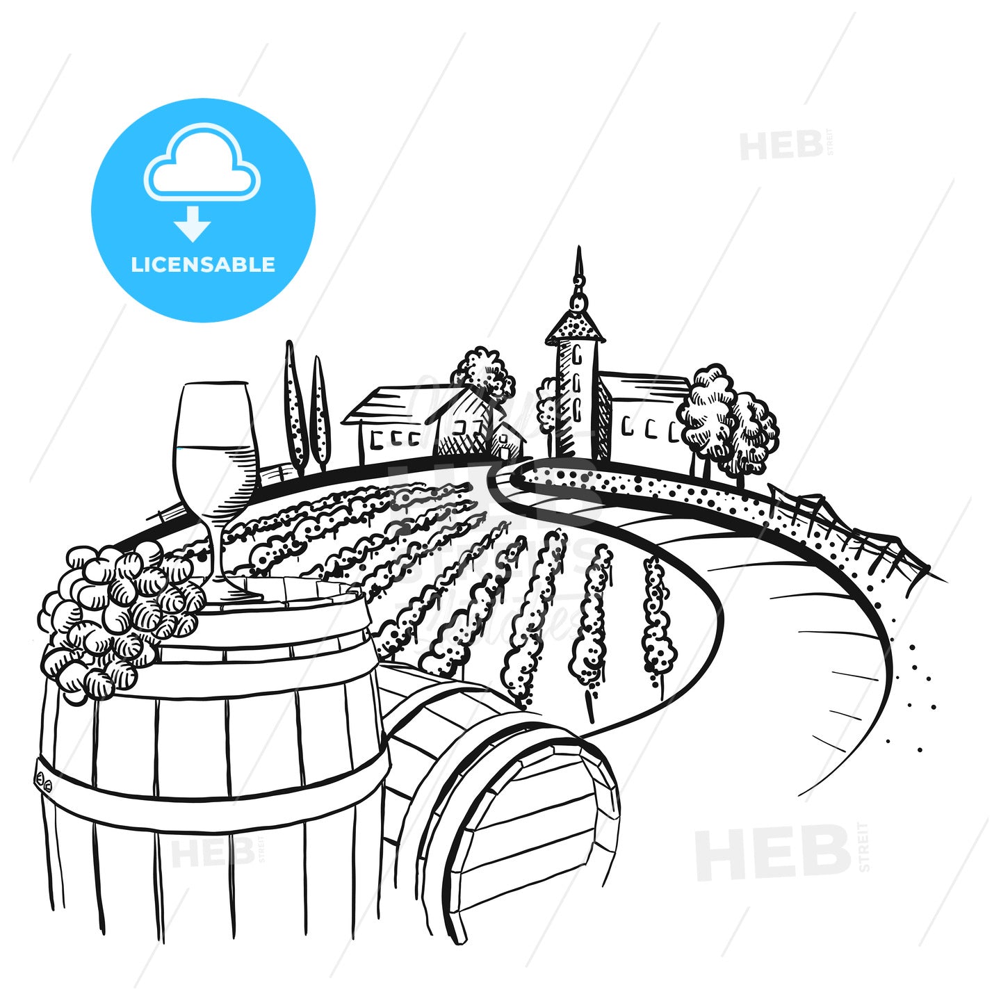 Vineyard barrel and glass drawing – instant download