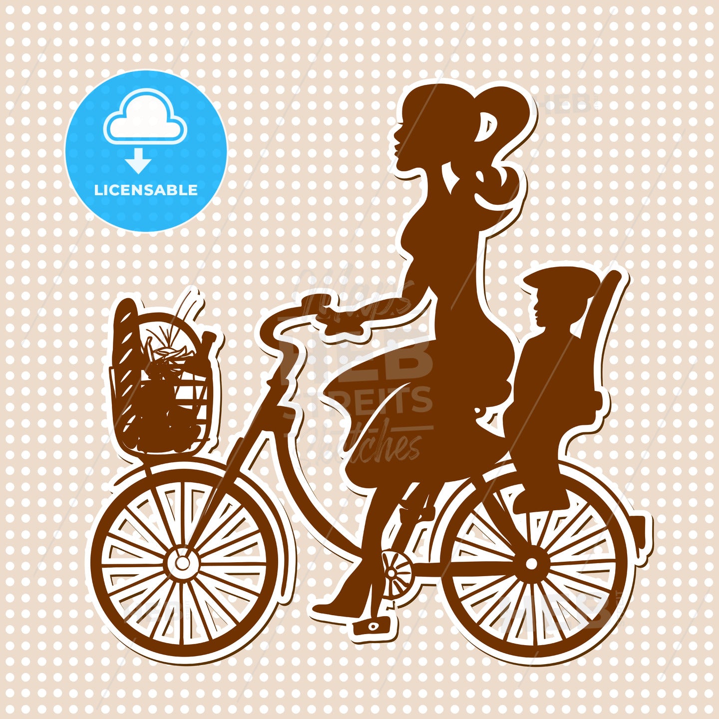 Vintage Retro Lady on Bike with Child and Purchase in Basket – instant download