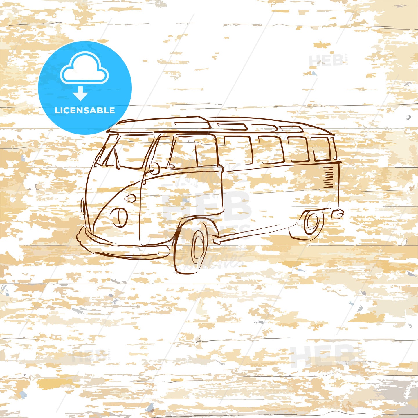 Vintage bus drawing on wooden background – instant download