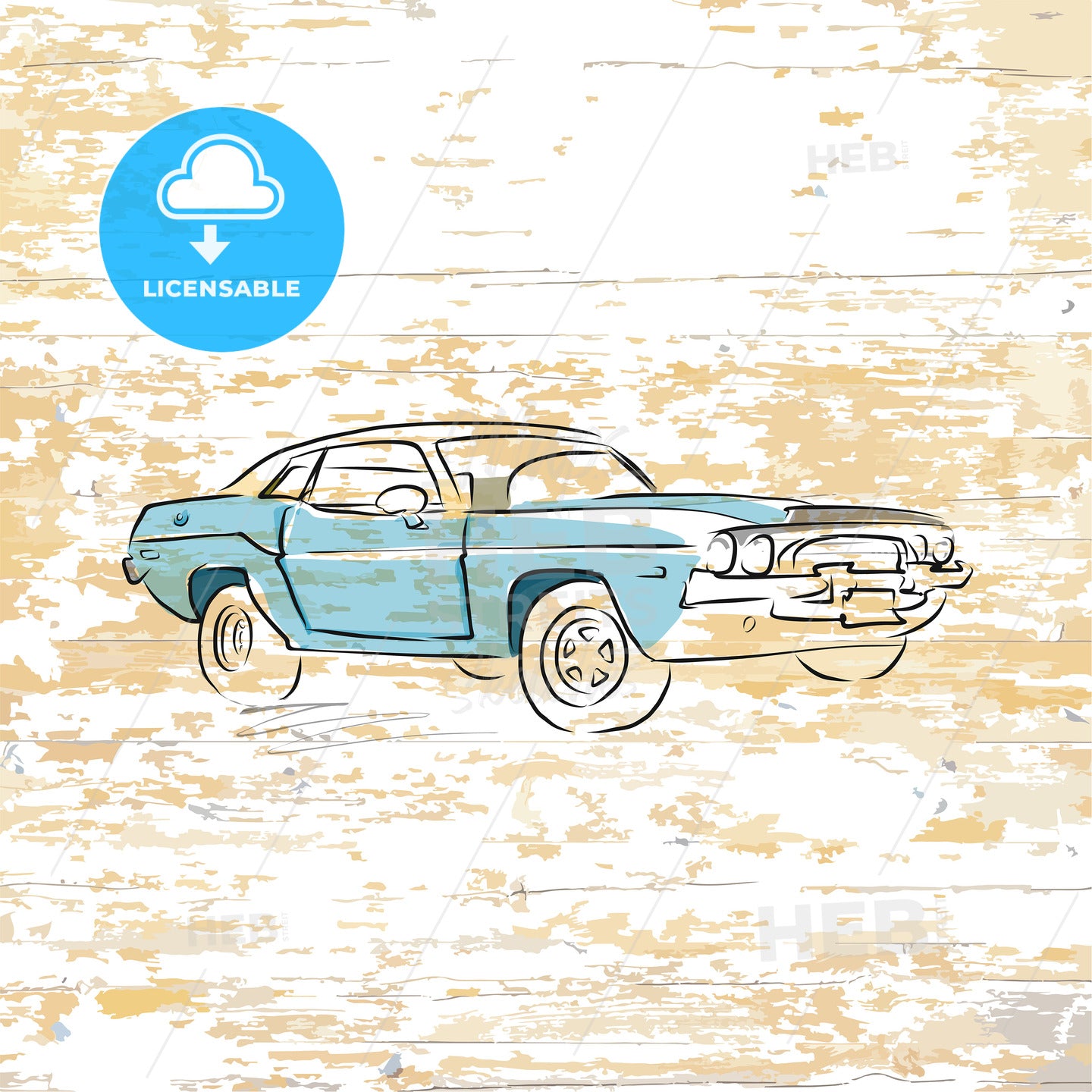 Vintage car drawing on wooden background – instant download
