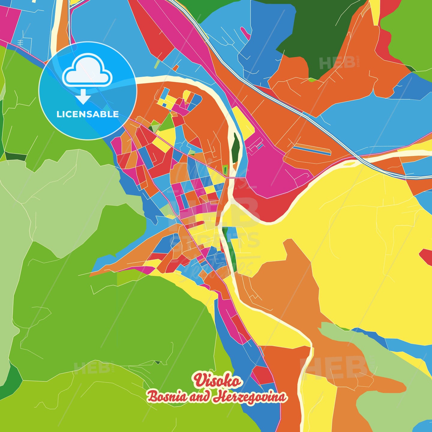 Visoko, Bosnia and Herzegovina Crazy Colorful Street Map Poster Template - HEBSTREITS Sketches