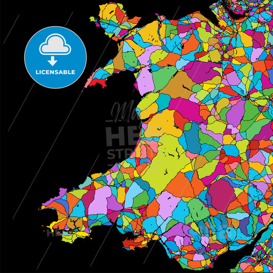 Wales, Great Britain, Colorful Vector Map on Black
