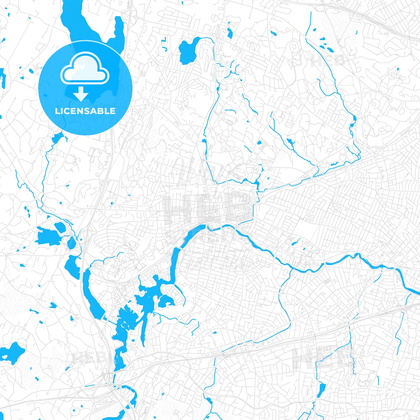 Waltham, Massachusetts, United States, PDF vector map with water in focus