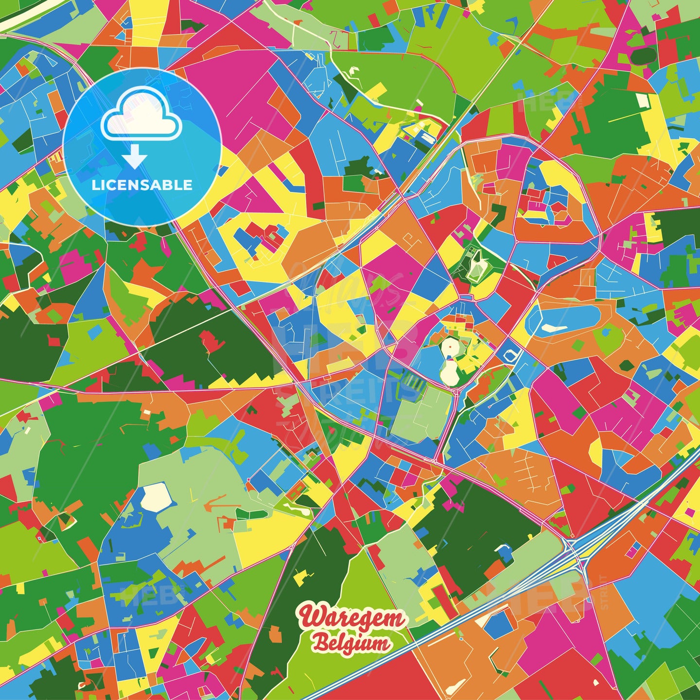 Waregem, Belgium Crazy Colorful Street Map Poster Template - HEBSTREITS Sketches