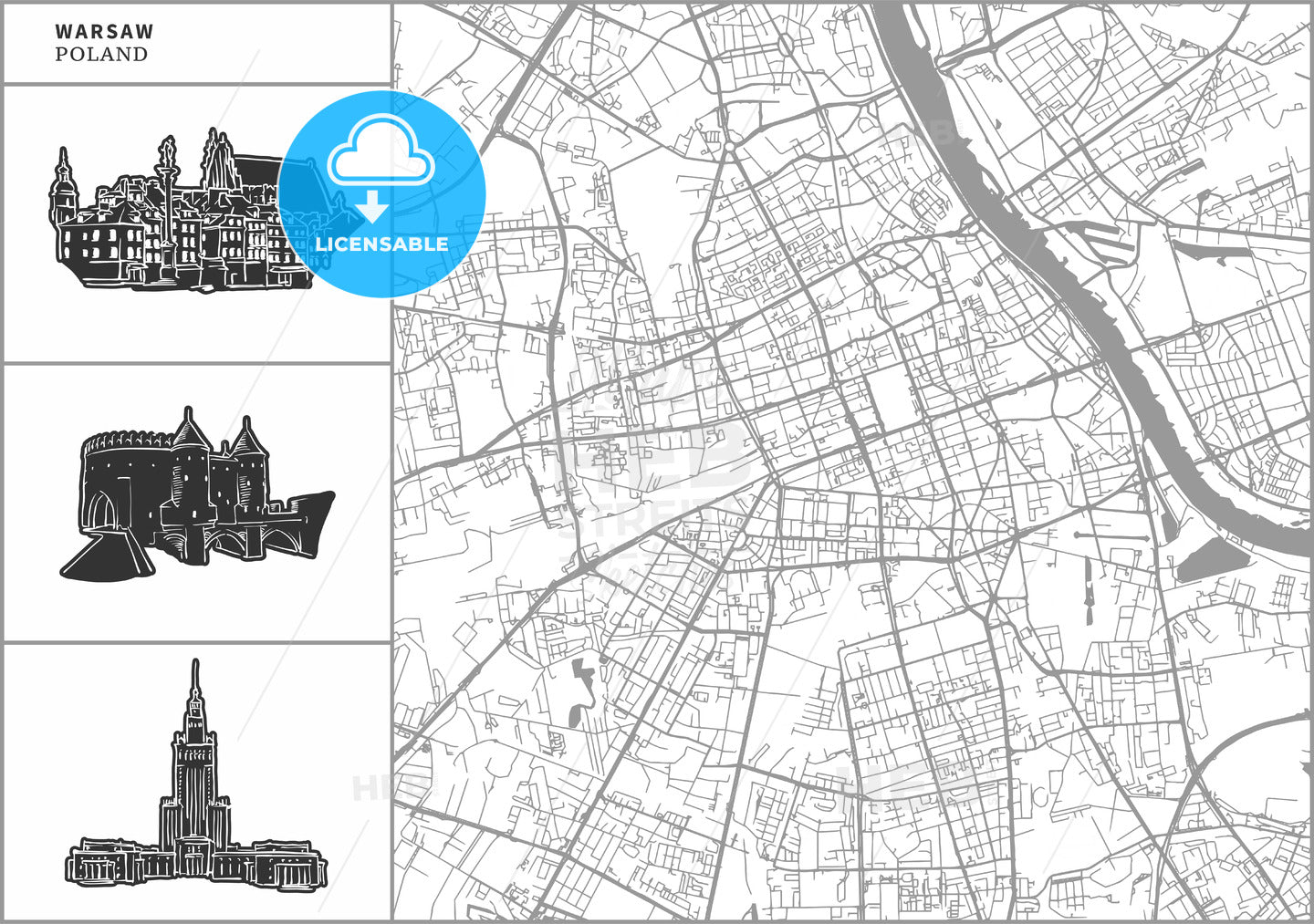 Warsaw city map with hand-drawn architecture icons