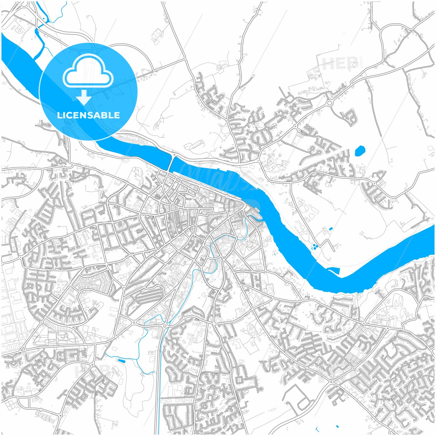 Waterford, County Waterford &amp; County Kilkenny, Ireland, city map with high quality roads.