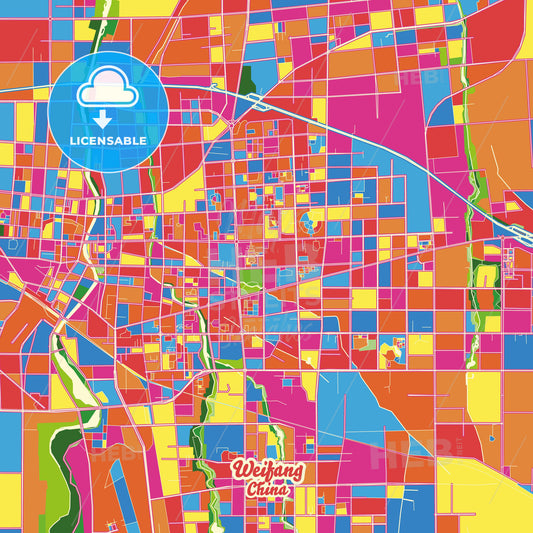 Weifang, China Crazy Colorful Street Map Poster Template - HEBSTREITS Sketches