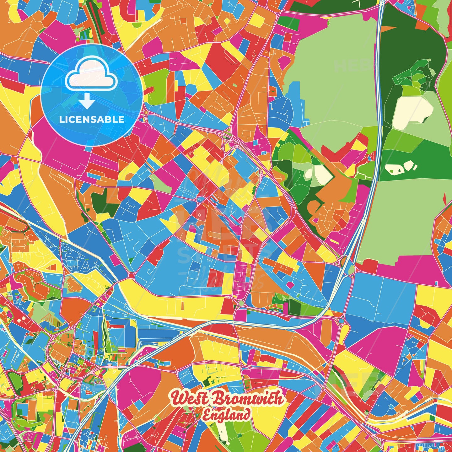 West Bromwich, England Crazy Colorful Street Map Poster Template - HEBSTREITS Sketches