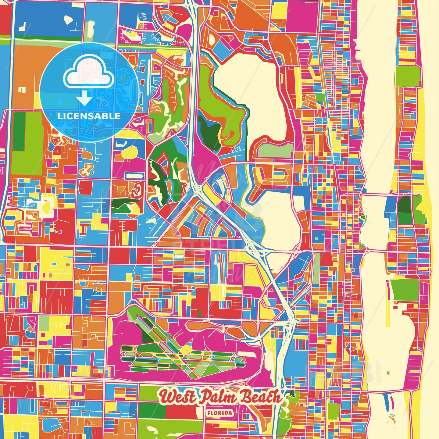West Palm Beach, United States Crazy Colorful Street Map Poster Template - HEBSTREITS Sketches