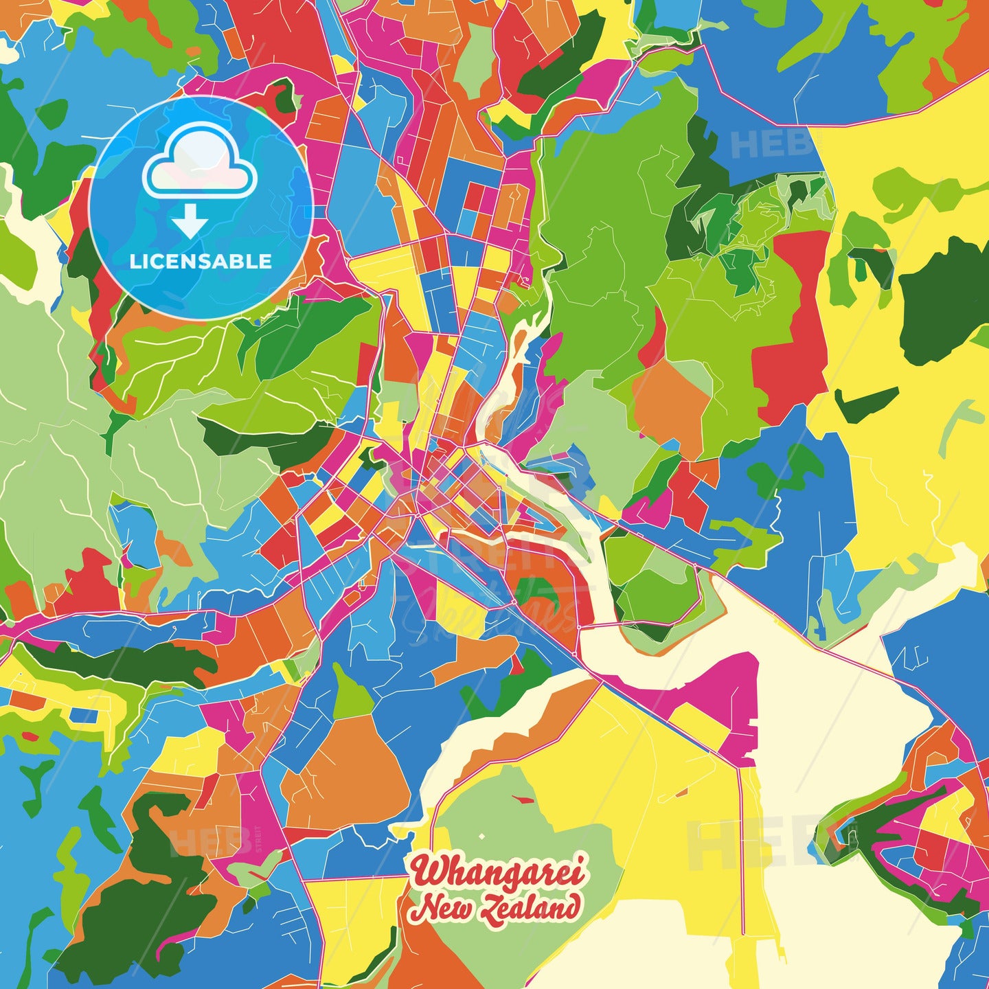 Whangarei, New Zealand Crazy Colorful Street Map Poster Template - HEBSTREITS Sketches