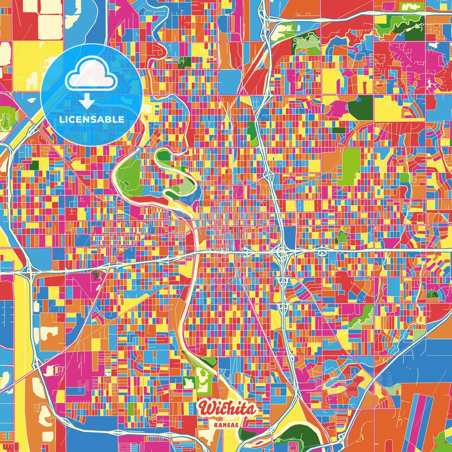 Wichita, United States Crazy Colorful Street Map Poster Template - HEBSTREITS Sketches